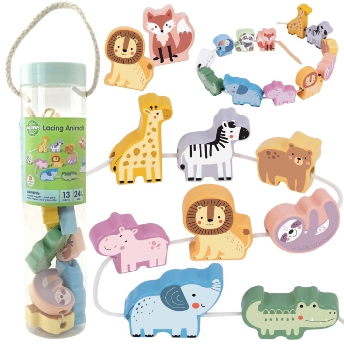 WOOPIE GREEN Drewniana Nawlekanka Klocki Przeplatanka ZOO Montessori 13 el.