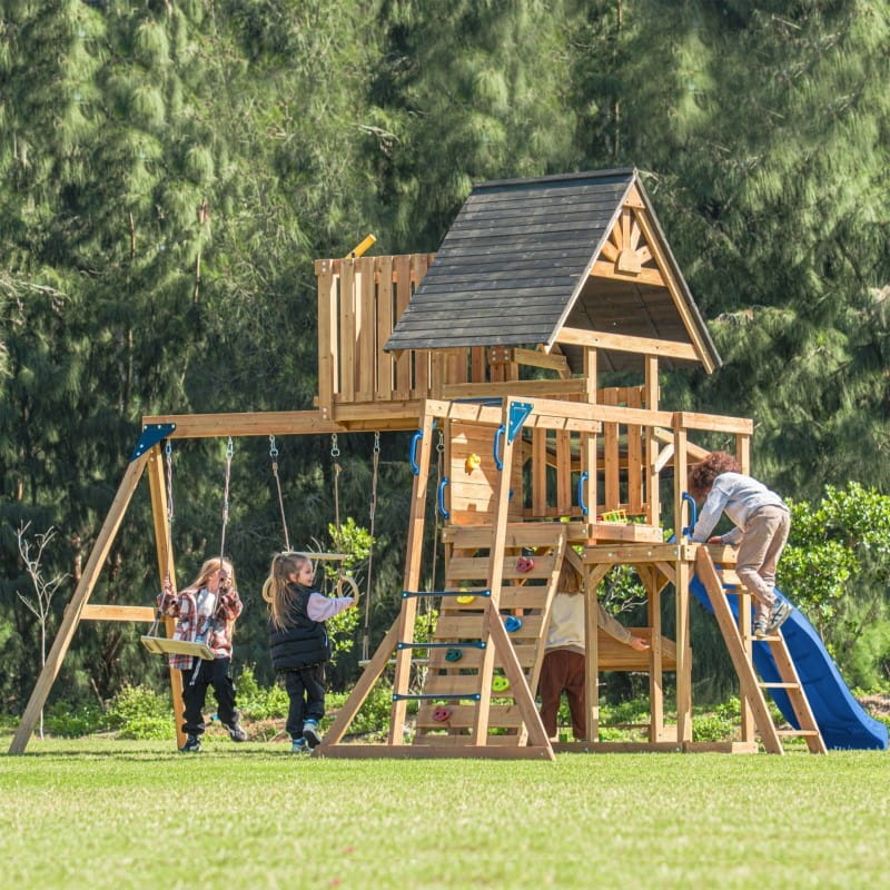 AXI Mitch - Duży Plac Zabaw Drewniany Zjeżdżalnia Hustawki Ścianka Wspinaczkowa + Wieża