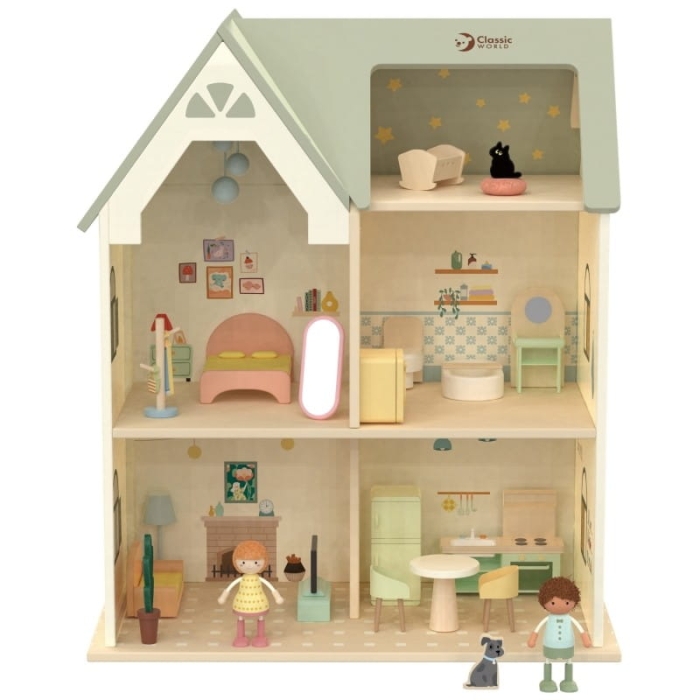 CLASSIC WORLD Wielki Drewniany Domek dla Lalek z mebelkami
