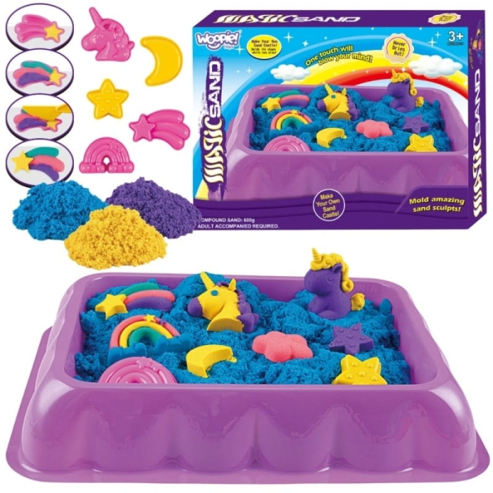 WOOPIE Piasek Kinetyczny 0,6 kg Zestaw Jednorożec Stolik z Foremkami