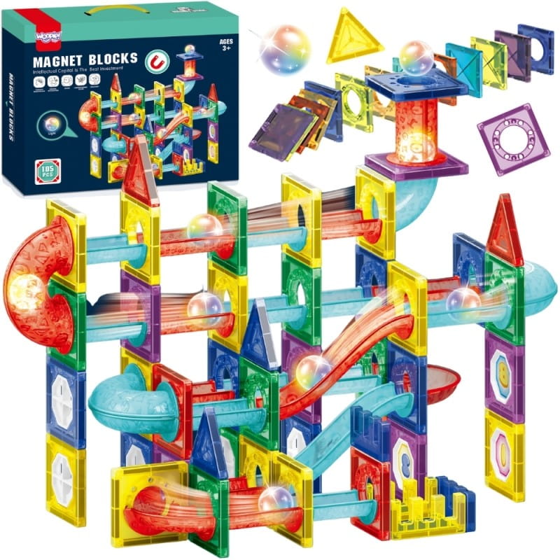 WOOPIE Klocki Magnetyczne Konstrukcyjne 3D Zestaw Edukacyjny Tor Kulkowy 105el.