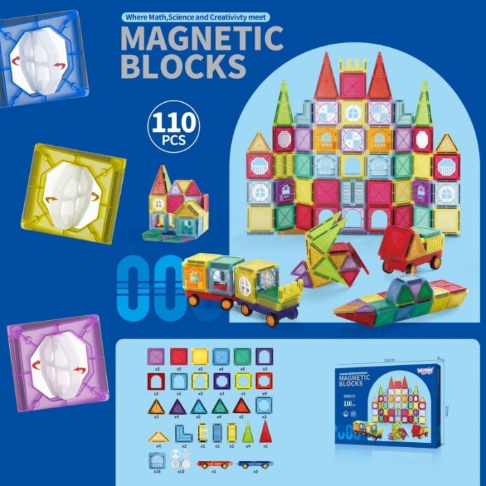 WOOPIE Klocki Magnetyczne Konstrukcyjne 3D Zestaw Edukacyjny Zamek Pojazdy110el..
