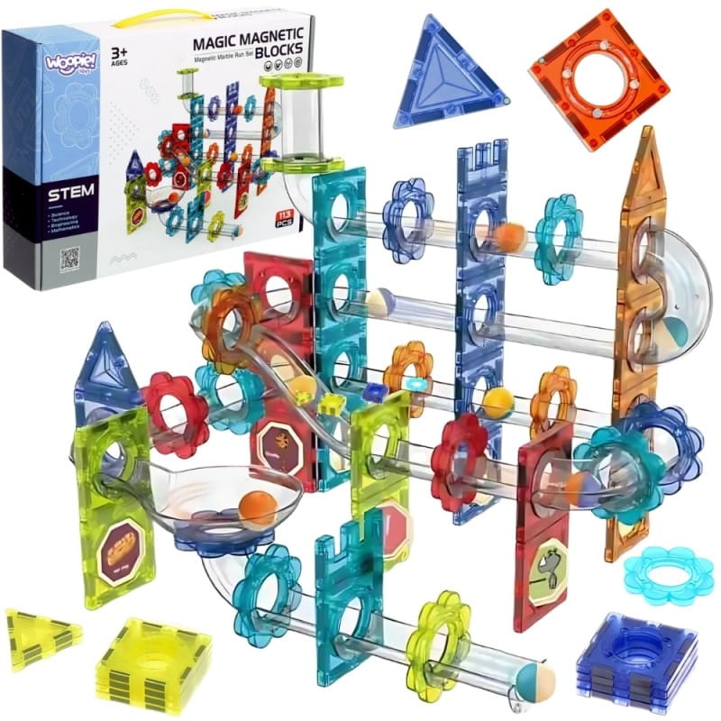 WOOPIE Klocki Magnetyczne Konstrukcyjne 3D Zestaw Edukacyjny Tor Kulkowy 113 el.