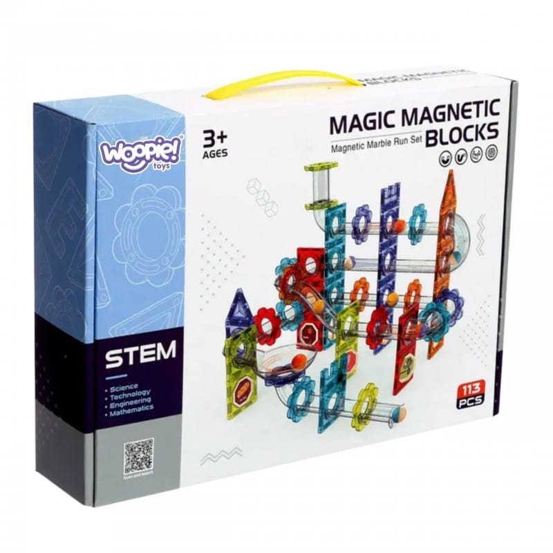 WOOPIE Klocki Magnetyczne Konstrukcyjne 3D Zestaw Edukacyjny Tor Kulkowy 113 el.