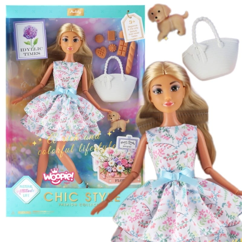 WOOPIE ROYAL Lalka Lily 30 cm Wiosenna Suknia Akcesoria Piesek Piknik