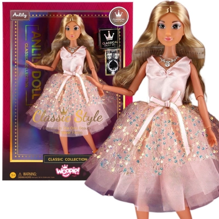 WOOPIE ROYAL Lalka Lily 30 cm Długie Blond Włosy Różowa Suknia Biżuteria