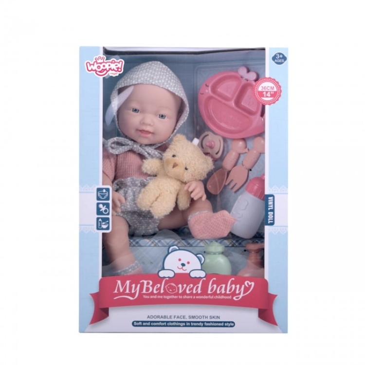 WOOPIE ROYAL Lalka Bobas 36 cm w Ubranku z  Misiem Akcesoria do Karmienia