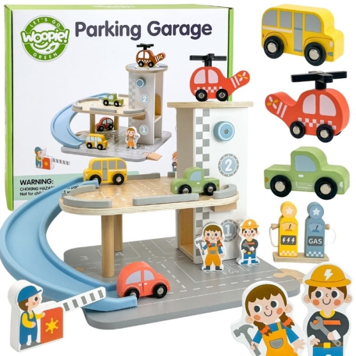 WOOPIE GREEN Drewniany Parking Piętrowy 2w1 Stacja Benzynowa z Autkami i Figurkami 12 el. FSC