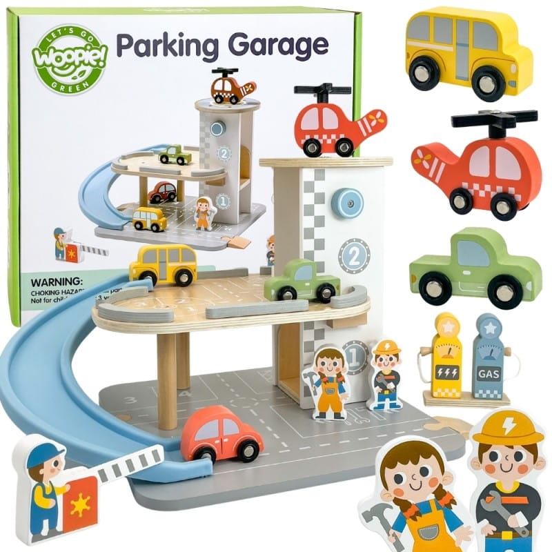 WOOPIE GREEN Drewniany Parking Piętrowy 2w1 Stacja Benzynowa z Autkami i Figurkami 12 el. FSC