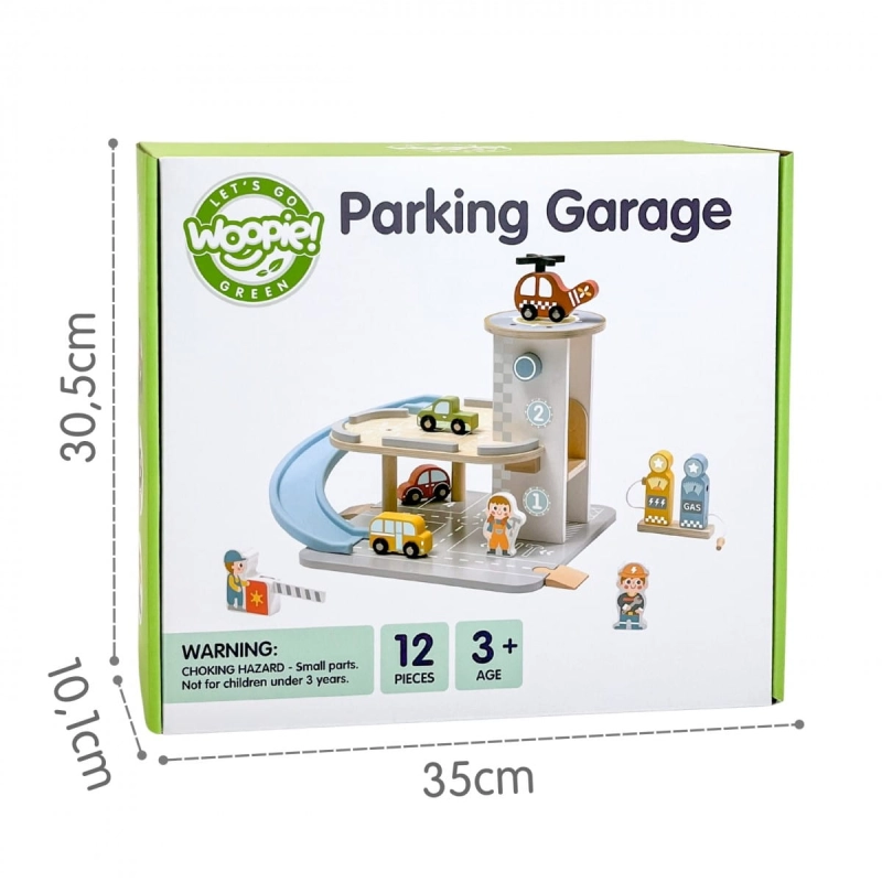 WOOPIE GREEN Drewniany Parking Piętrowy 2w1 Stacja Benzynowa z Autkami i Figurkami 12 el. FSC