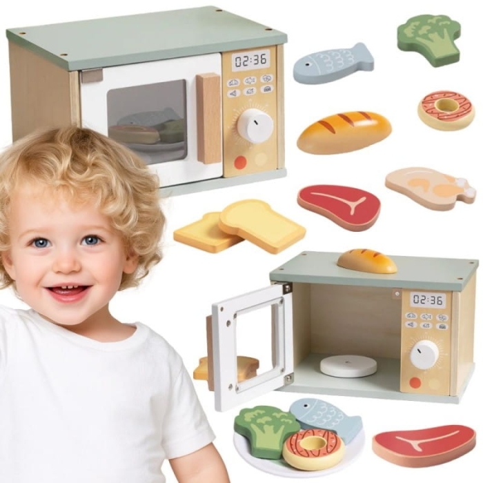 TOOKY TOY Drewniana Kuchenka Mikrofalowa Zestaw Produktów Spożywczych