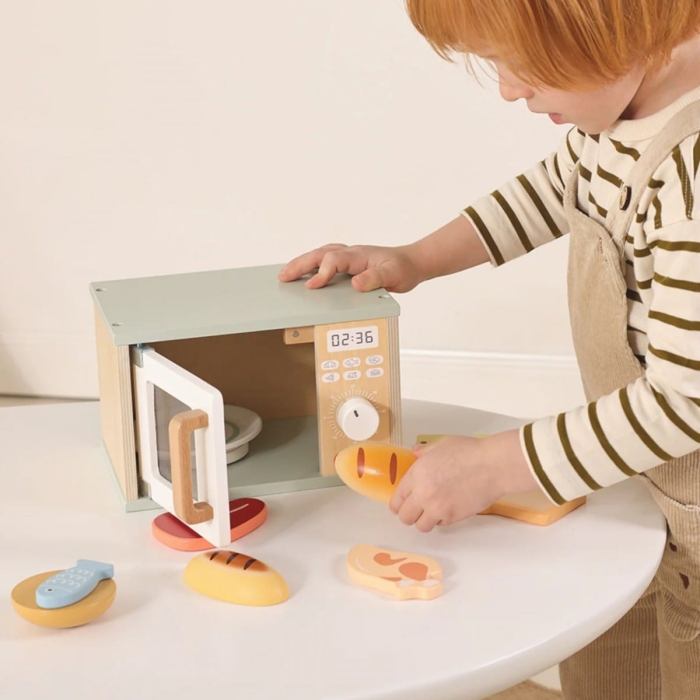 TOOKY TOY Drewniana Kuchenka Mikrofalowa Zestaw Produktów Spożywczych