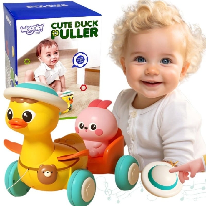 WOOPIE BABY Żółta Kaczuszka z Różowym Króliczkiem w Przyczepce do Ciągnięcia