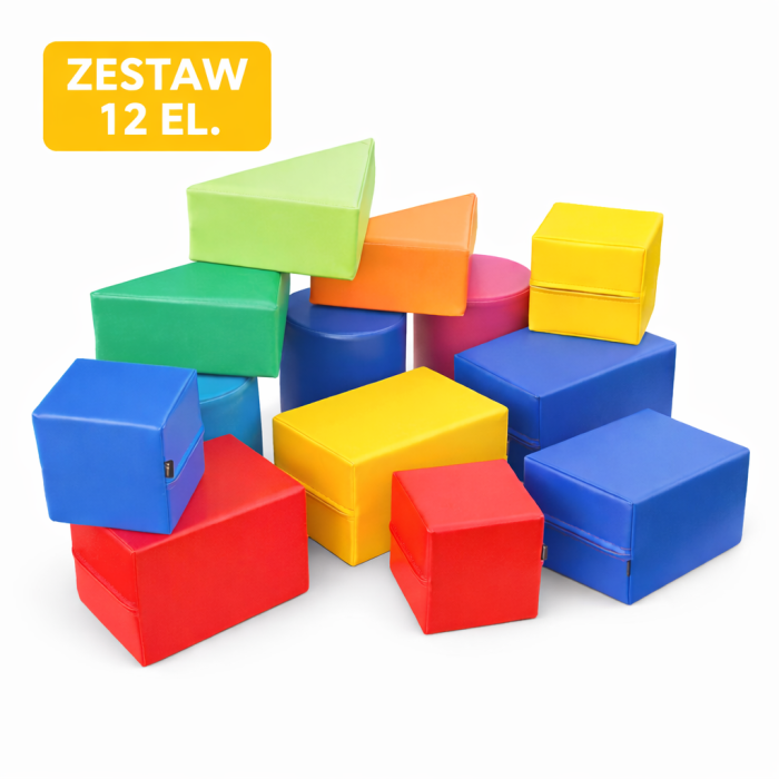 Zestaw 12 klocków piankowych w żywych kolorach – trójkąty, kostki, prostokąty i walce.