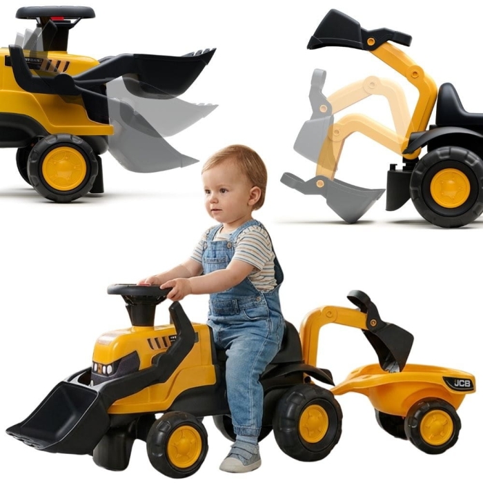 FALK Jeździk Traktor JCB z Przyczepą Grabkami i Łopatką Ciche Koła 1-3 lat