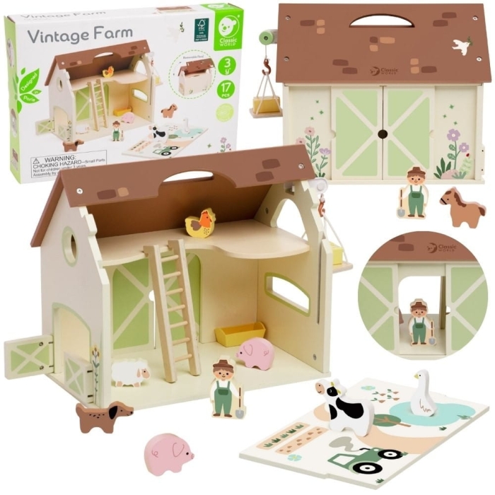 CLASSIC WORLD Drewniany Domek Farma Vintage Zestaw Figurek 17 el.