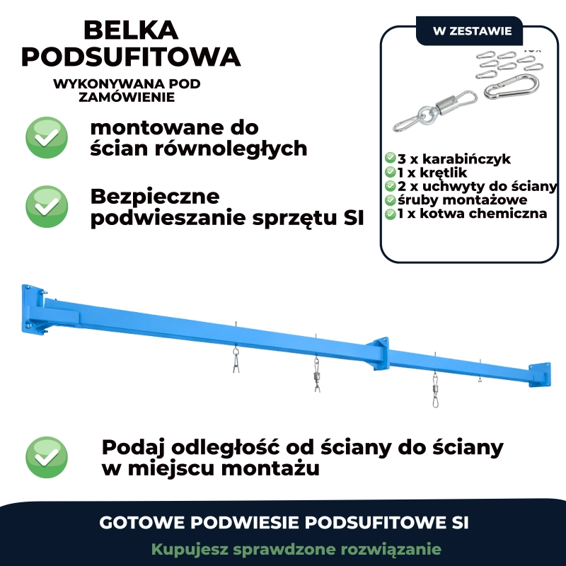 Kompaktowa belka podsufitowa do 3m – domowe podwiesie sufitowe do sprzętu SI - informacja produktowa.