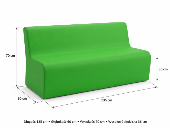 Kanapa piankowa dla dzieci do szkoły i przedszkola – wymiary 135 × 60 × 70 cm, wysokość siedziska 36 cm.