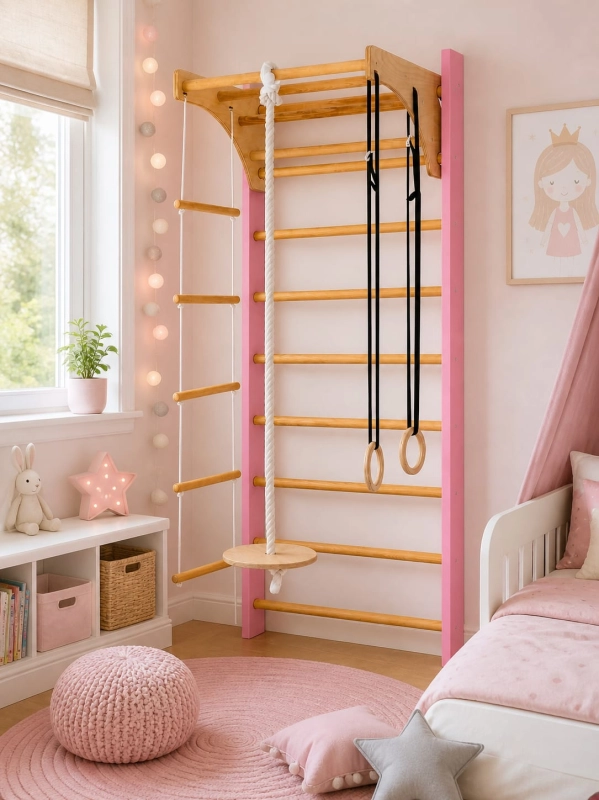 Drewniana drabinka gimnastyczna Junior różowa 240 cm w pokoju dziecka z drążkiem, pierścieniami gimnastycznymi, liną i drabinką linową.