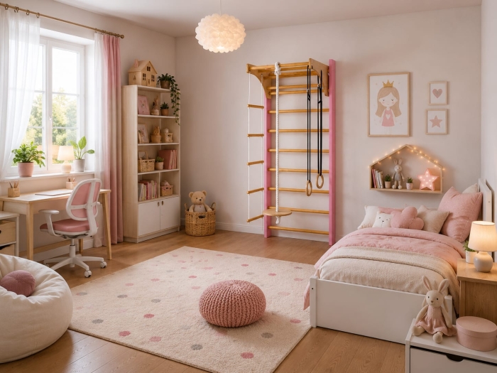 Drabinka gimnastyczna Junior różowa 220 cm zamontowana na ścianie w pokoju dziecięcym – aranżacja wnętrza z kompletnym zestawem akcesoriów.