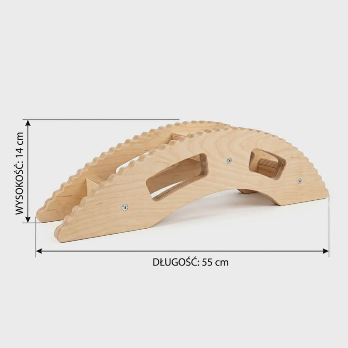 Drewniany masażer do rozciągania pleców o długości 55 cm i wysokości 14 cm – wymiary produktu