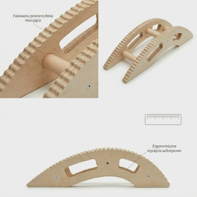Drewniany masażer do rozciągania pleców – falowana powierzchnia masująca i ergonomiczne wycięcia uchwytowe