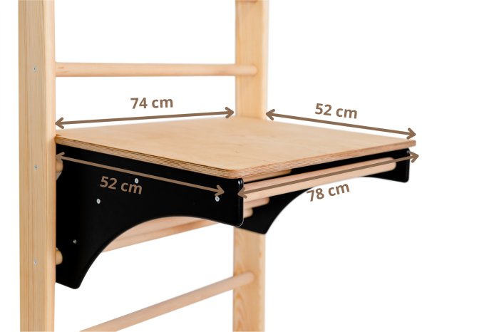Drewniany blat Pelltech 78 × 52 cm zamontowany na regulowanym drążku – wymiary produktu
