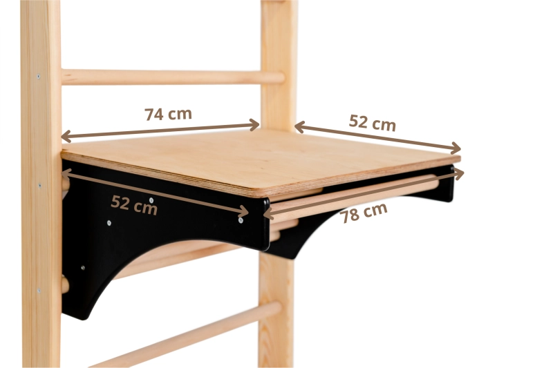 Drewniany blat Pelltech 78 × 52 cm zamontowany na regulowanym drążku – wymiary produktu