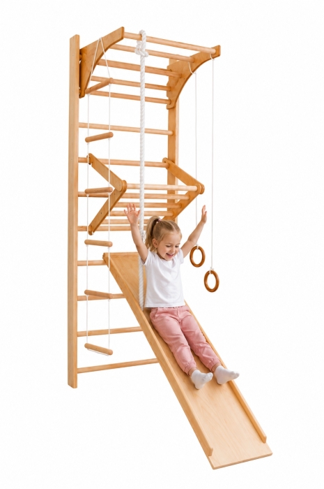 Kącik sportowy COMBI Plus NaturalWood 220 cm ze zjeżdżalnią, wysięgnikiem, liną wspinaczkową, drabinką linową i kółkami gimnastycznymi