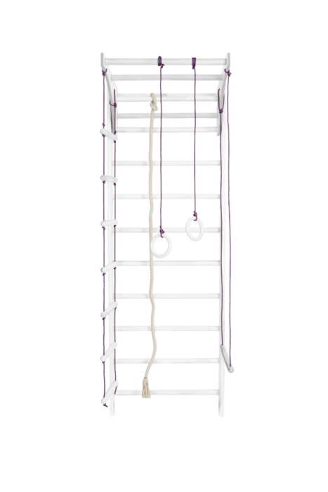 Drabinka gimnastyczna KINDER Color 220 cm drewniana w białym wariancie z drabinką plecioną, liną, pierścieniami i trapezem.
