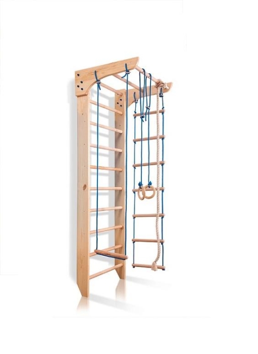 Drewniany kącik sportowy Bambino 220 cm z drabinką gimnastyczną, trapezem, drabinką plecioną, pierścieniami i liną wspinaczkową.