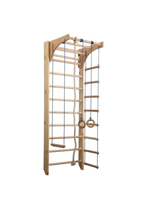 Drabinka gimnastyczna KINDER 220 cm z drabinką plecioną, liną wspinaczkową, trapezem i pierścieniami gimnastycznymi.
