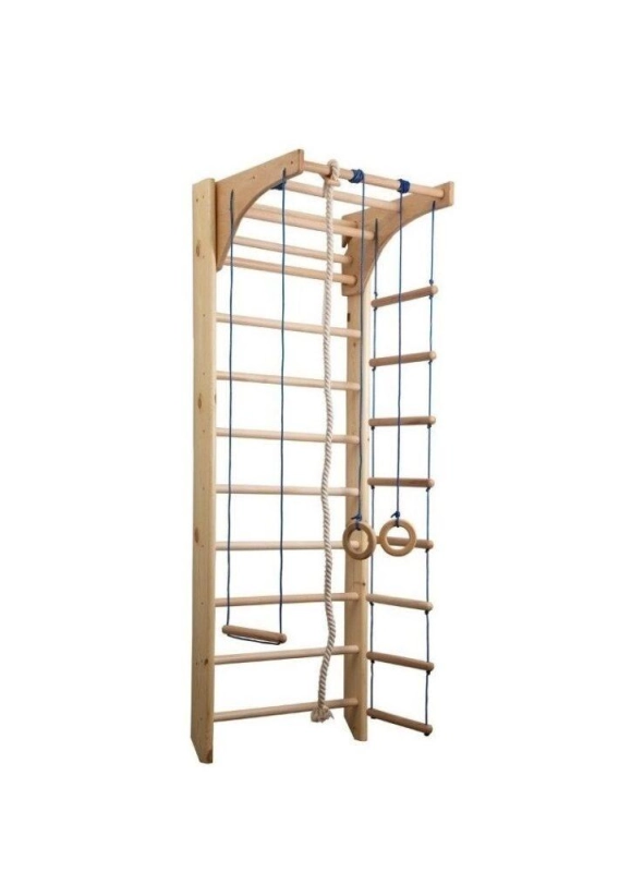Drabinka gimnastyczna KINDER 220 cm z drabinką plecioną, liną wspinaczkową, trapezem i pierścieniami gimnastycznymi.
