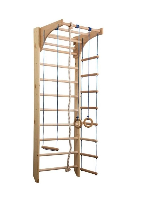 Drewniany zestaw gimnastyczny KINDER 220 cm z akcesoriami do aktywności ruchowej w domu.