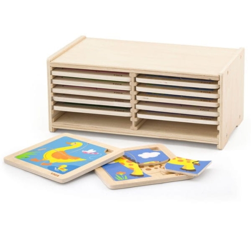 Puzzle drewniane 12 plansz po 4 puzzle w stojaku Viga Toys
